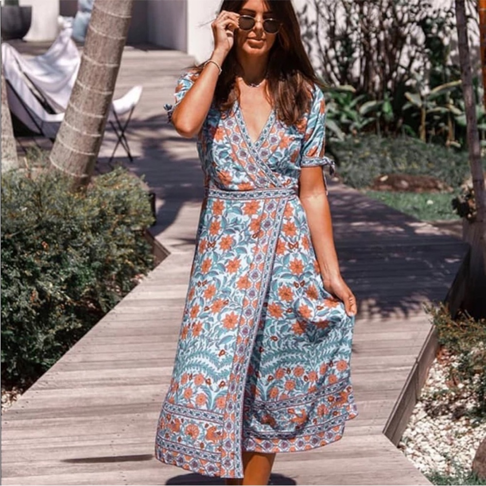 Bohemian Gypsy Floral Print Dress Tie Sleeve Slit - Picture 4 of 15
